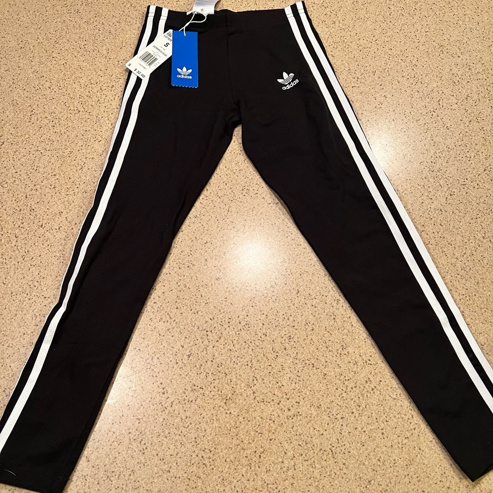 NWT Adidas Girls Three Stripe Black Leggings Pants